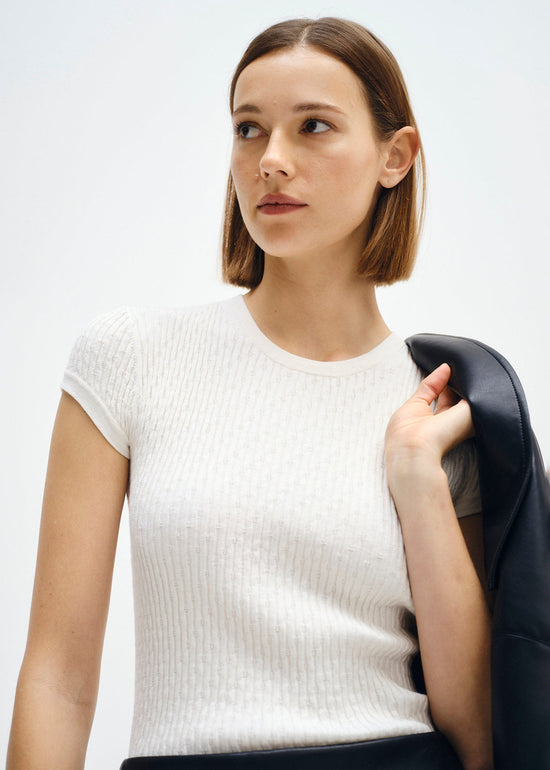 Enza Costa - Cashmere Cotton Pointelle Cap Sleeve Crew - White