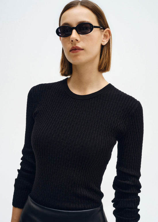 Enza Costa - Cashmere Cotton Pointelle L/S Crew - Black