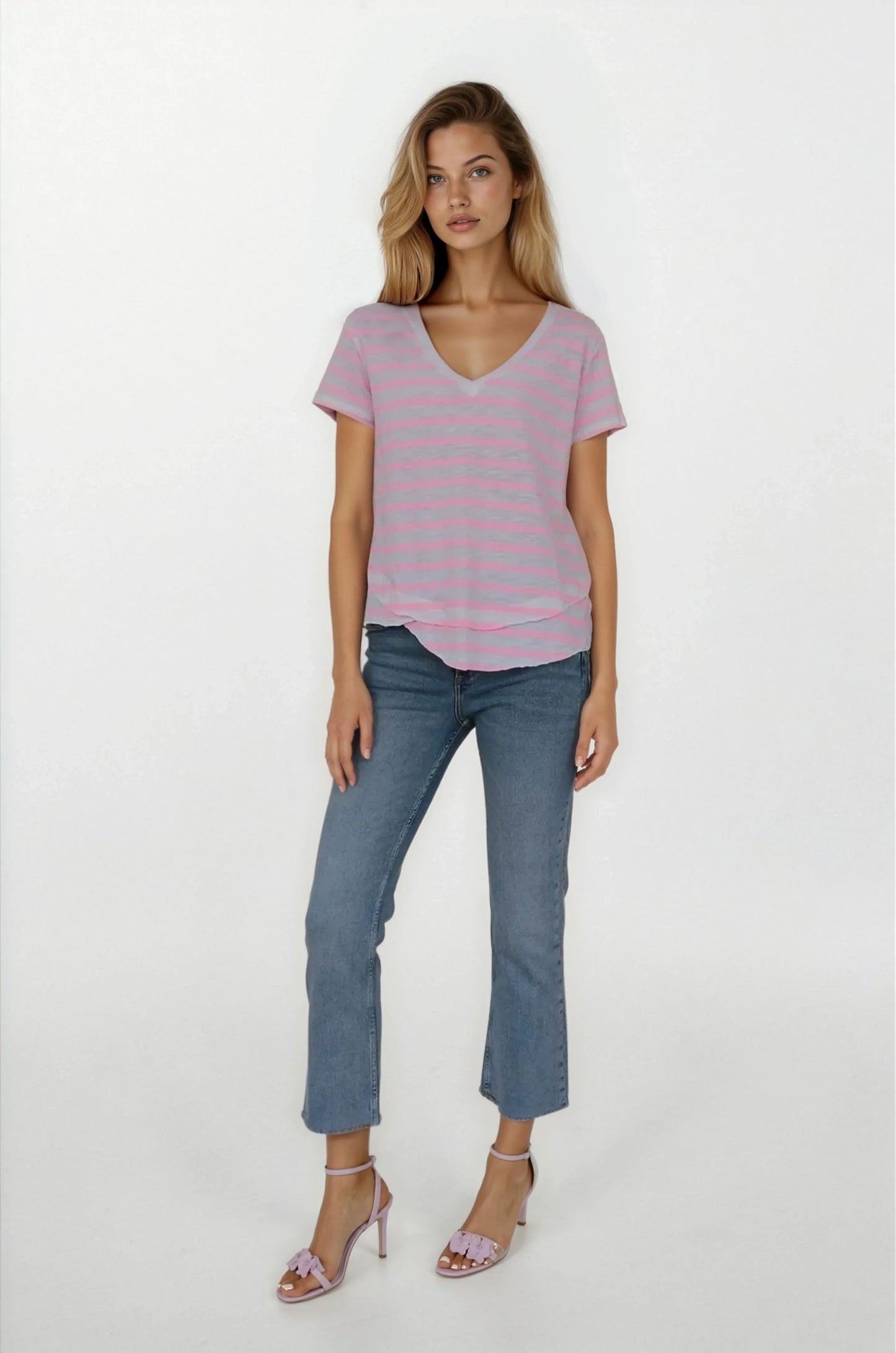 CHRLDR -Stripe Ava - V-Neck Mock Layer T-Shirt