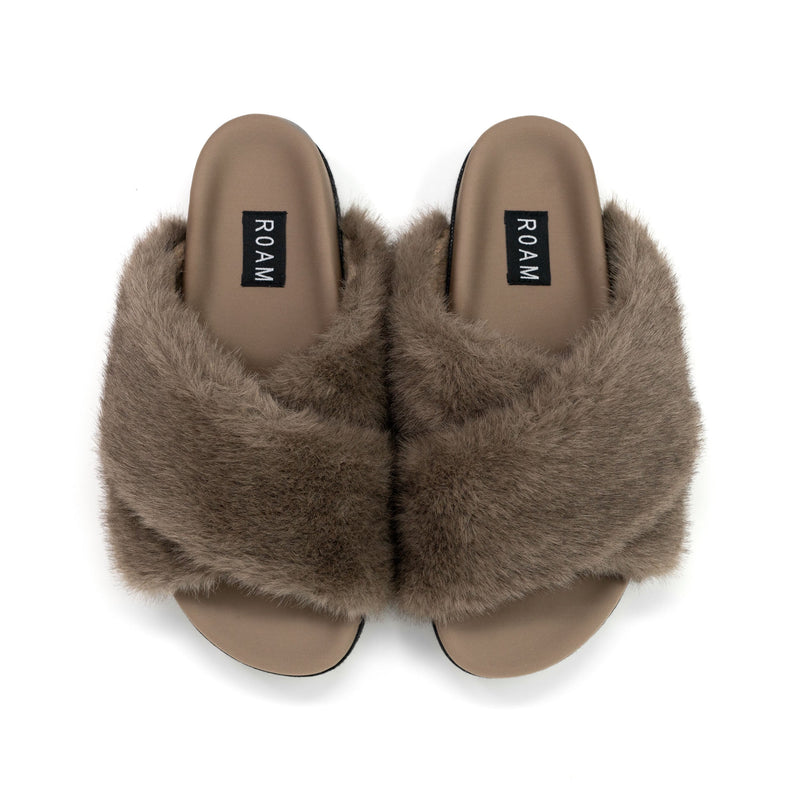 Cloud Fur Slippers in Driftwood, top