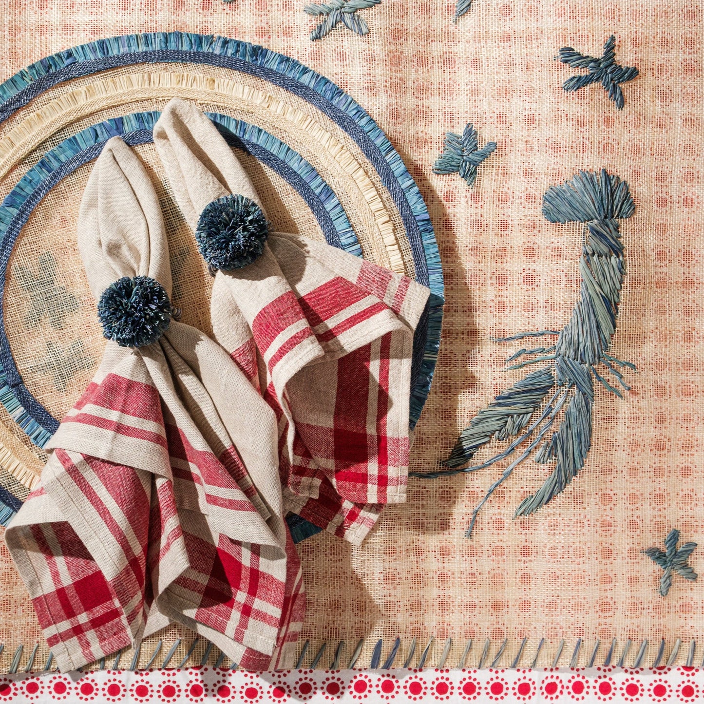Ruffle edge straw placemat, indigo, set of four