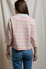 PerfectWhiteTee - Daria Cotton Collared Rugby Bracelet-Length Sleeve Shirt - Sugar Pink Mocha Stripe