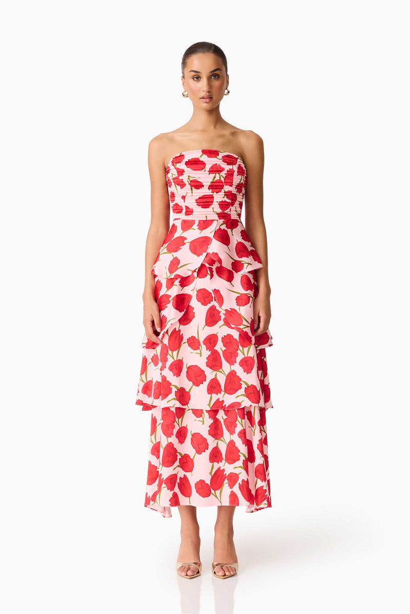 Elliatt - Melia Tiered Gown - Pink & Red Floral