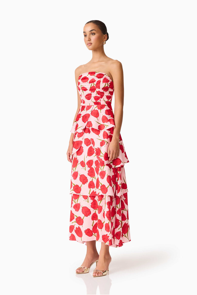 Elliatt - Melia Tiered Gown - Pink & Red Floral