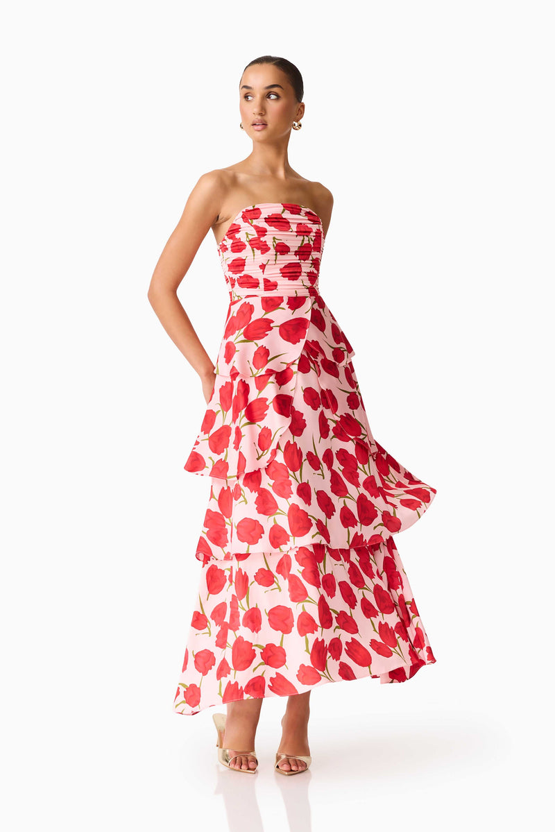 Elliatt - Melia Tiered Gown - Pink & Red Floral