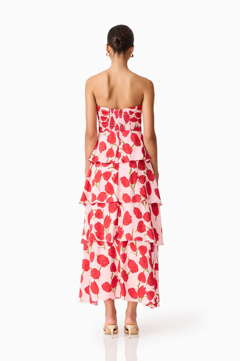 Elliatt - Melia Tiered Gown - Pink & Red Floral