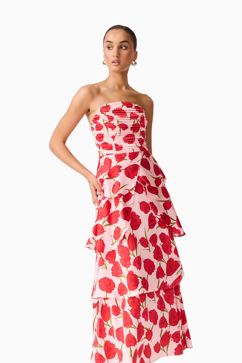 Elliatt - Melia Tiered Gown - Pink & Red Floral