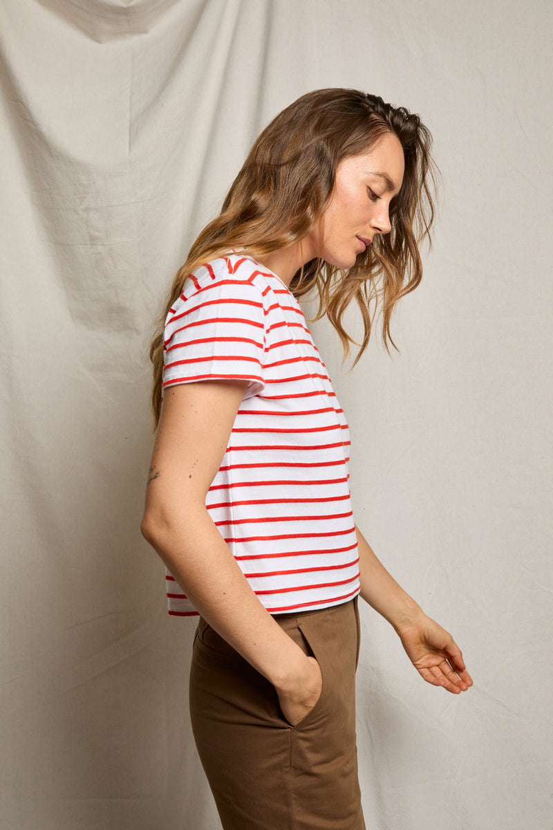 PerfectWhiteTee - Everett Stripe Jersey Striped Short Sleeve Tee - Tomato Stripe