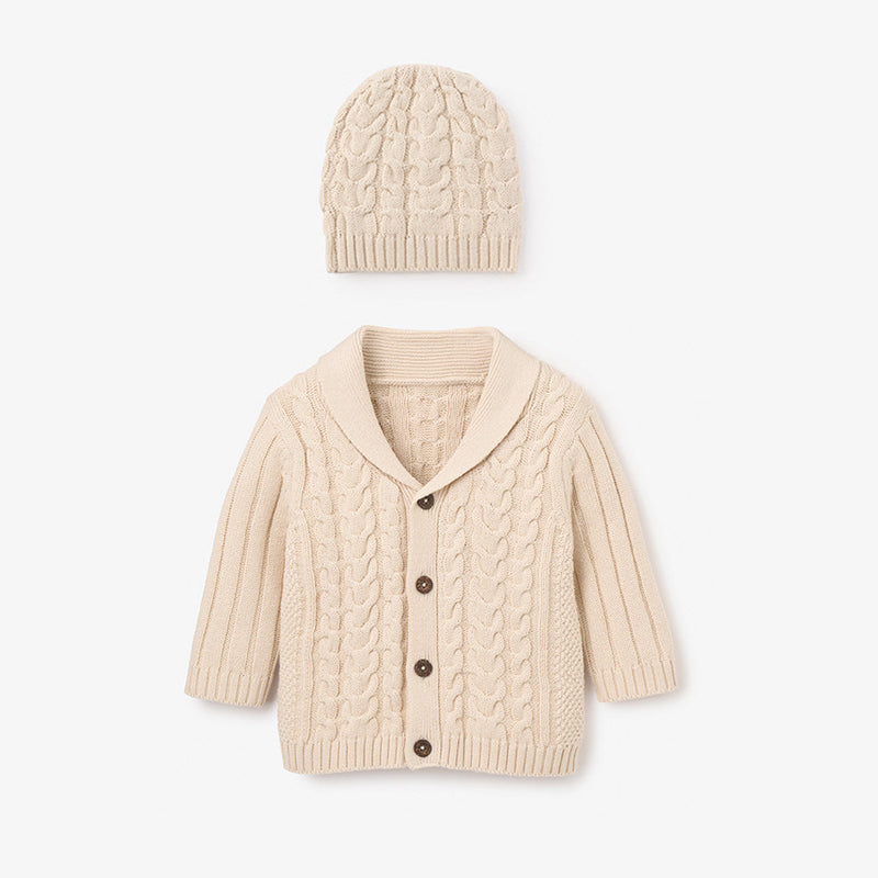 Wheat Horseshoe Cable Knit Cardigan & Hat Baby Boxed Gift Set