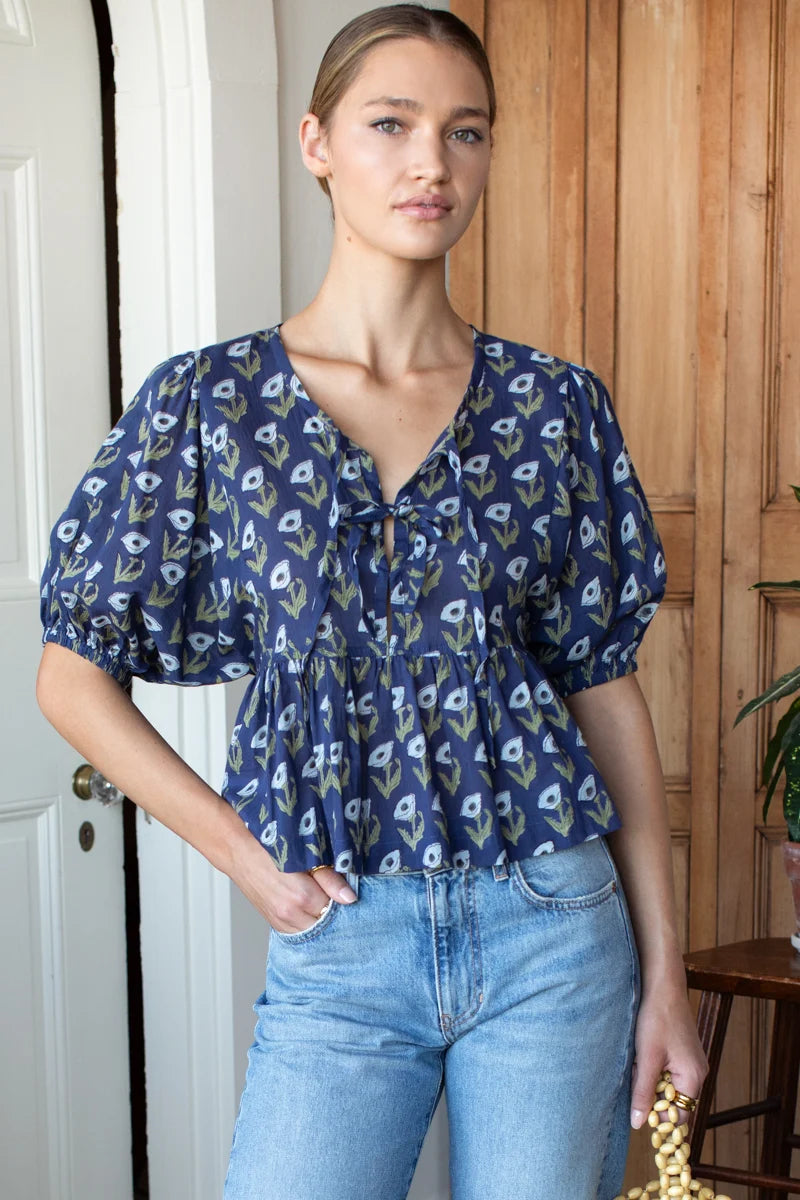 Bastian Top in Pressed Poppies Blue Indigo Organic