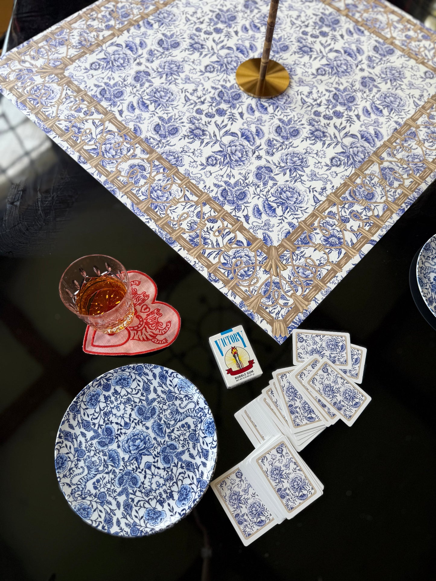 Illustrated Playing Cards with Tiger Motif and Needlepoint Accents, CHINOISERIE BLEU