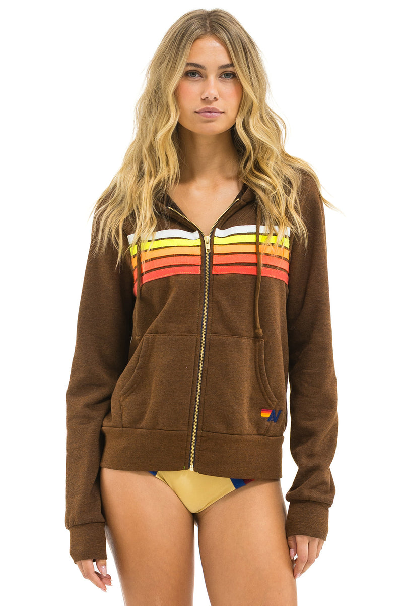 Aviator Nation - 5 Stripe Zip Hoodie - Chocolate / White Neon