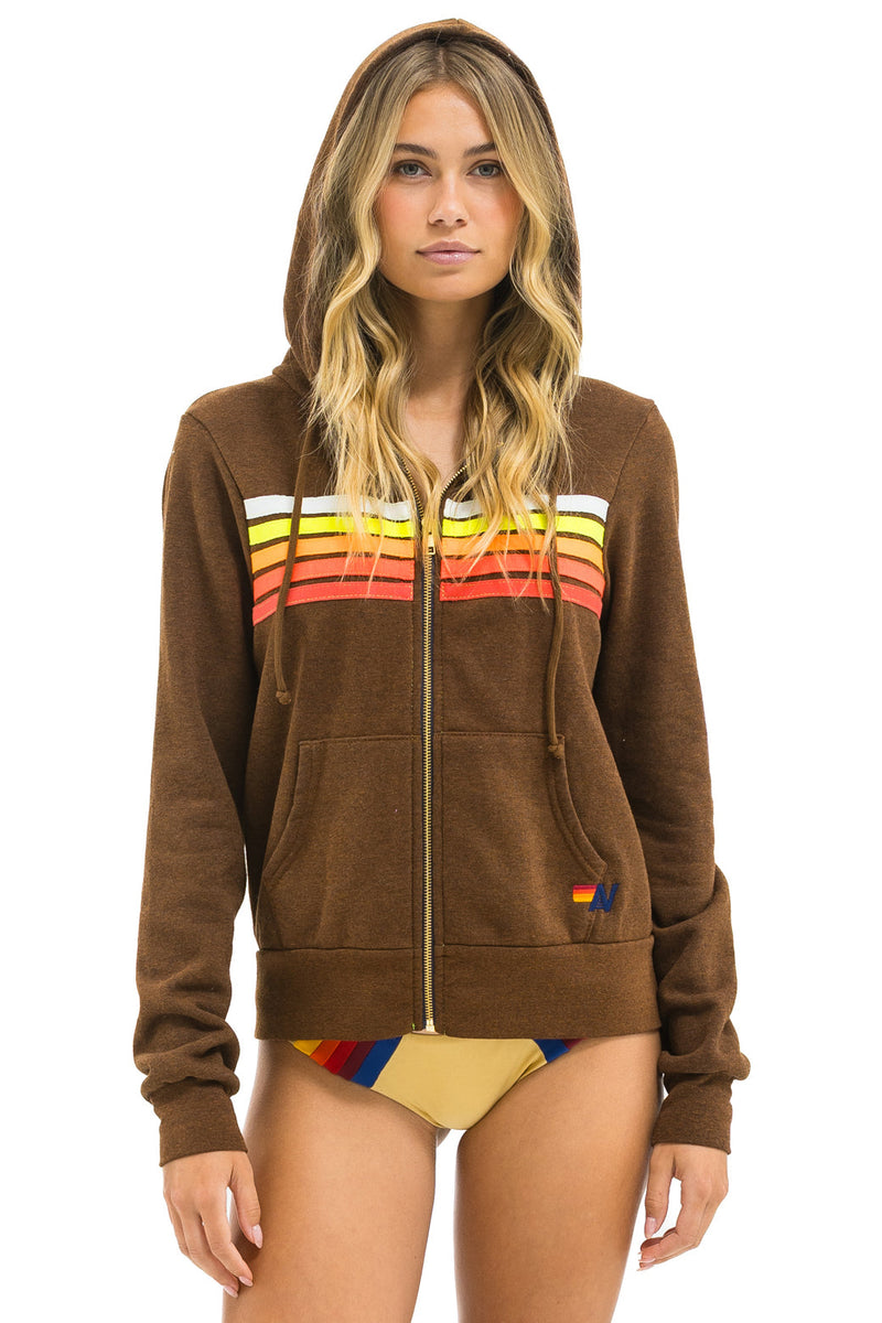 Aviator Nation - 5 Stripe Zip Hoodie - Chocolate / White Neon
