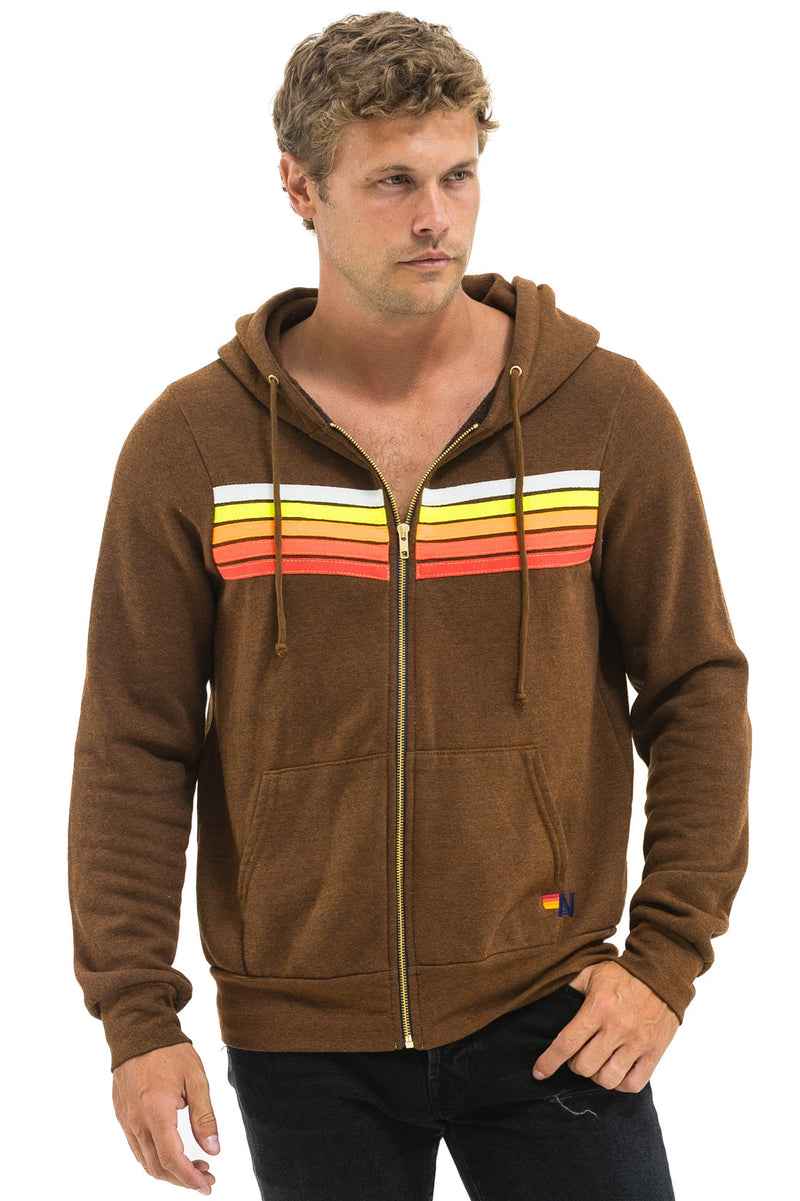 Aviator Nation - 5 Stripe Zip Hoodie - Chocolate / White Neon