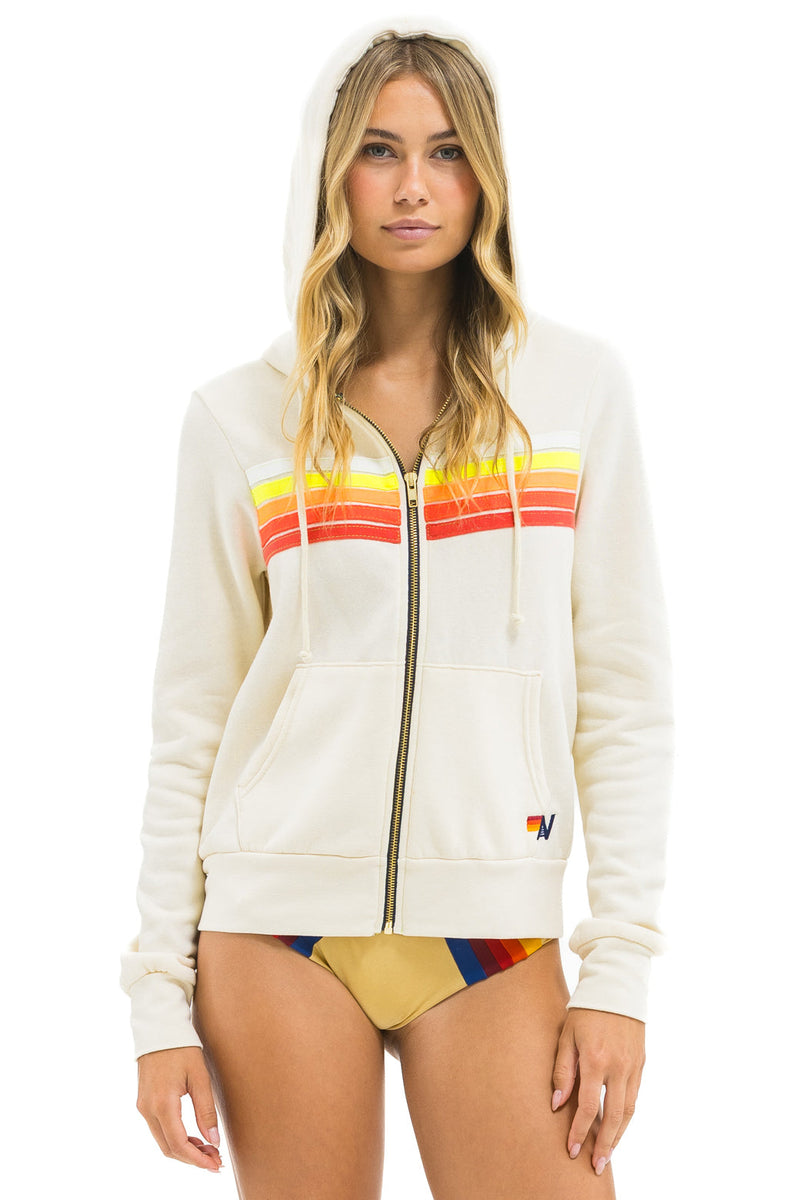 Aviator Nation - 5 Stripe Zip Hoodie - Vintage White / White Neon