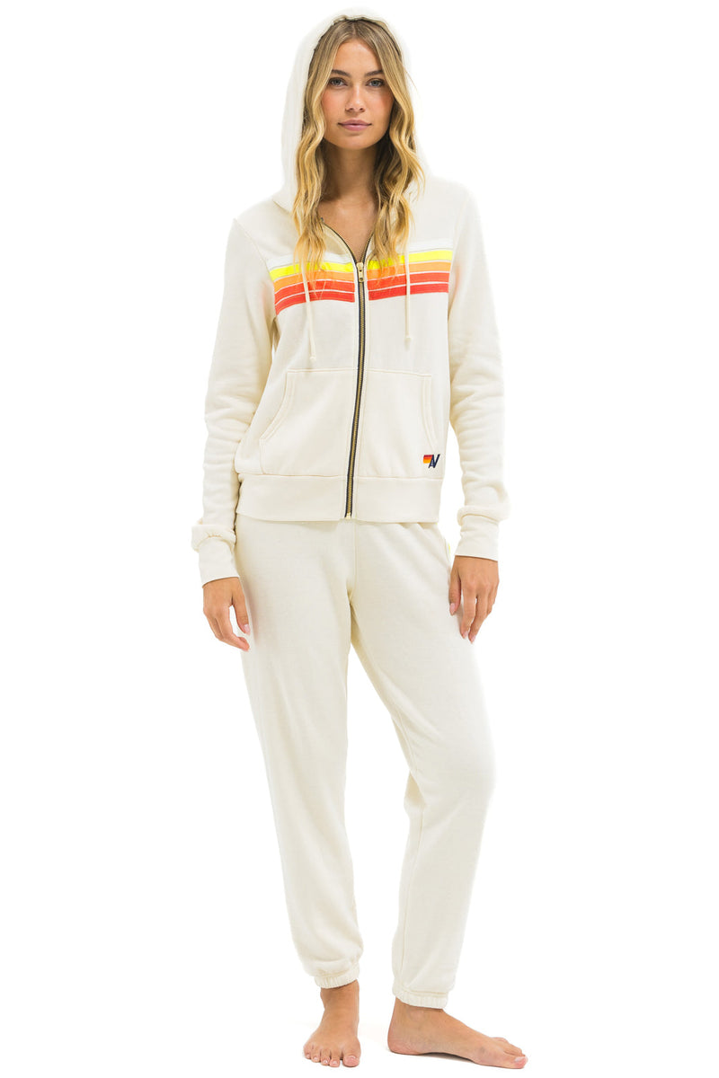 Aviator Nation - 5 Stripe Zip Hoodie - Vintage White / White Neon