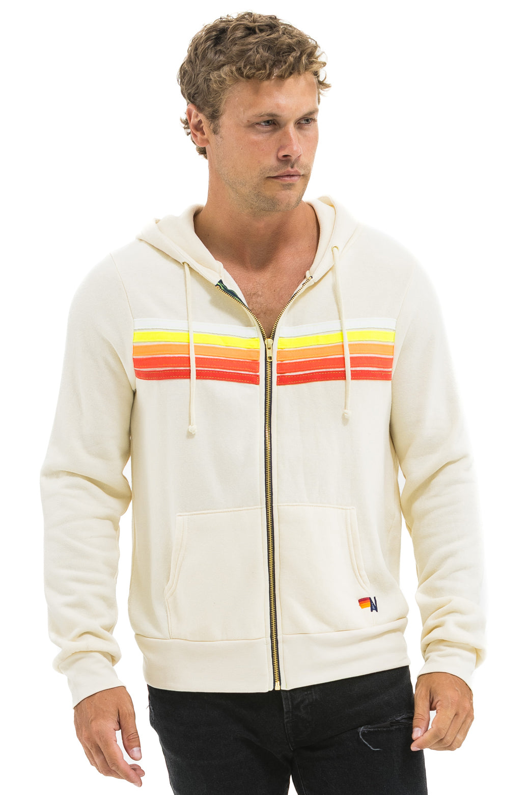 Aviator Nation - 5 Stripe Zip Hoodie - Vintage White / White Neon