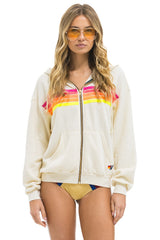 Aviator Nation - 5 Stripe Relaxed Zip Hoodie - Vintage White // Neon