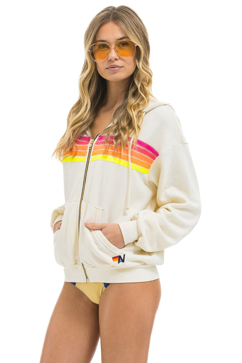 Aviator Nation - 5 Stripe Relaxed Zip Hoodie - Vintage White // Neon