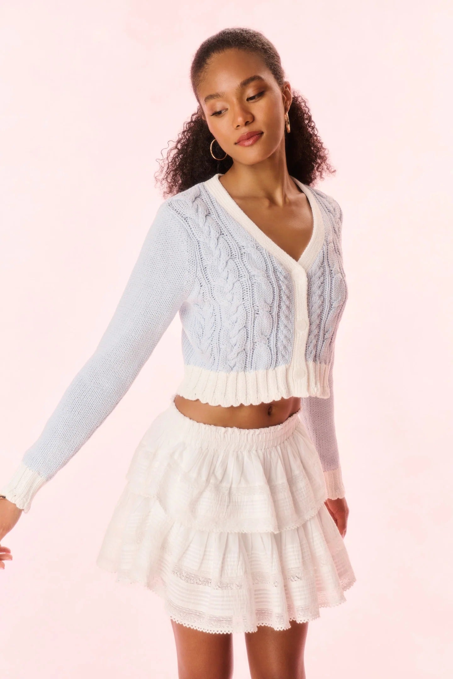 Loveshackfancy - Hyacinth Cropped Cable Knit Cardigan - Sugar Sky