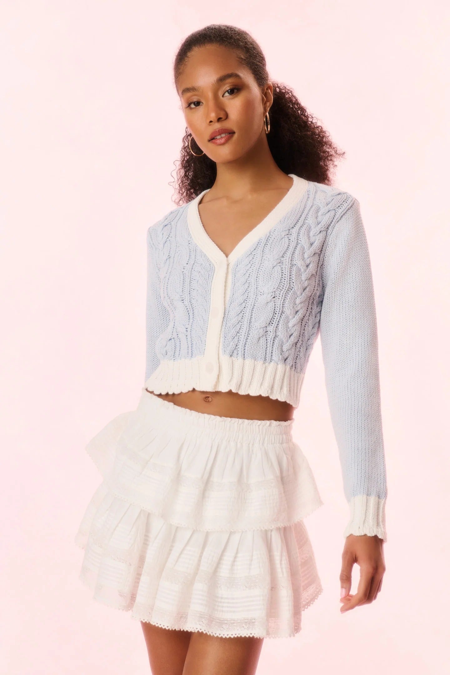 Loveshackfancy - Hyacinth Cropped Cable Knit Cardigan - Sugar Sky