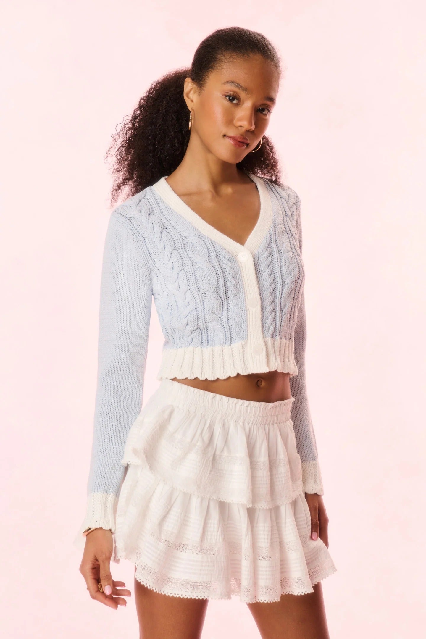 Loveshackfancy - Hyacinth Cropped Cable Knit Cardigan - Sugar Sky