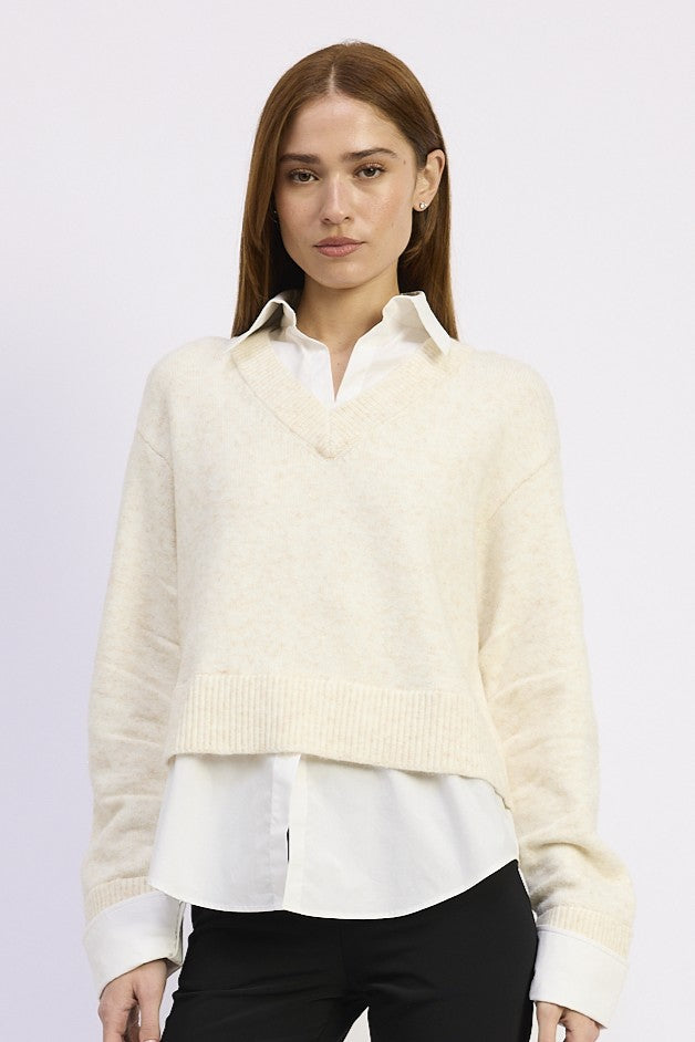 En Saison - Stenston Mixed Media Pullover - White Gold