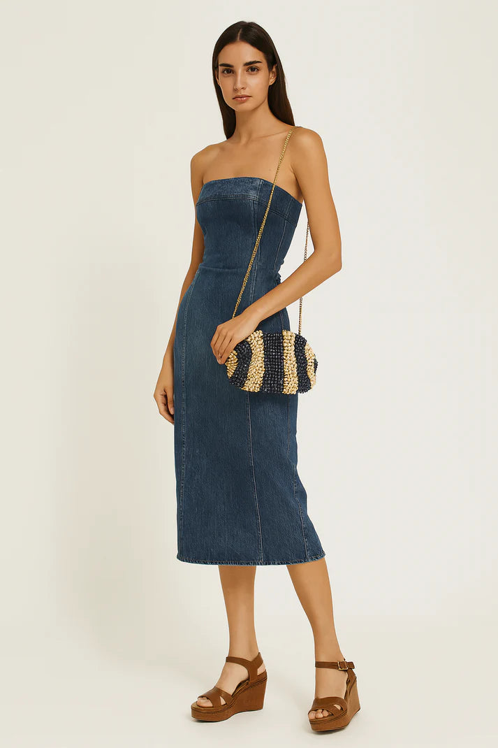 Aranaz - Half Moon Handbag - Blue/Natural