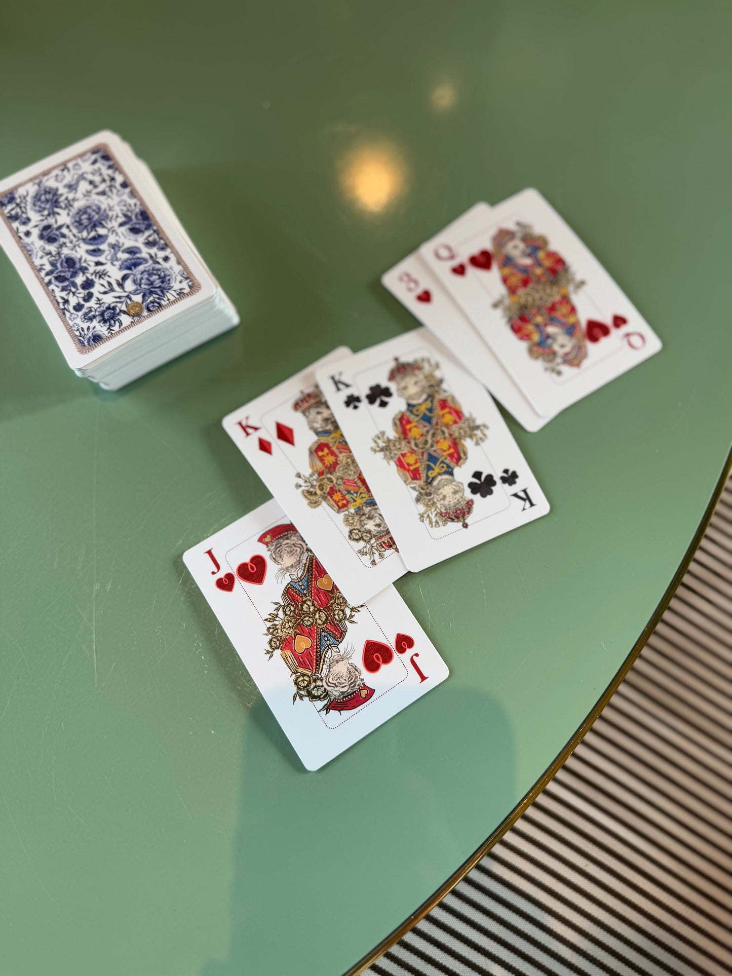 Illustrated Playing Cards with Tiger Motif and Needlepoint Accents, CHINOISERIE BLEU