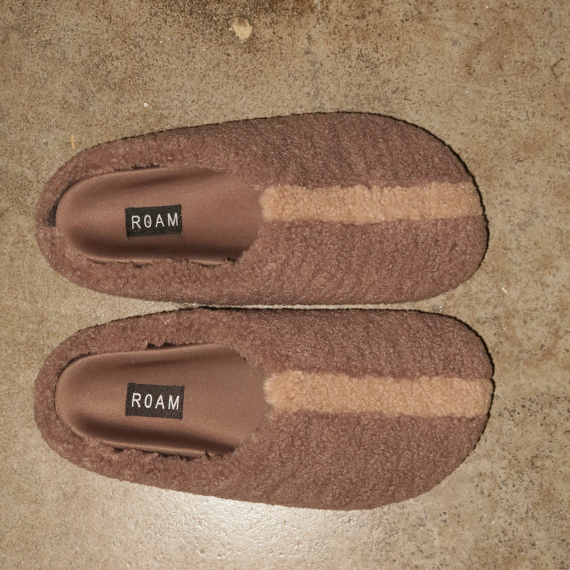 Fuzzy Stripe Clog in Taupe/Oat, worn