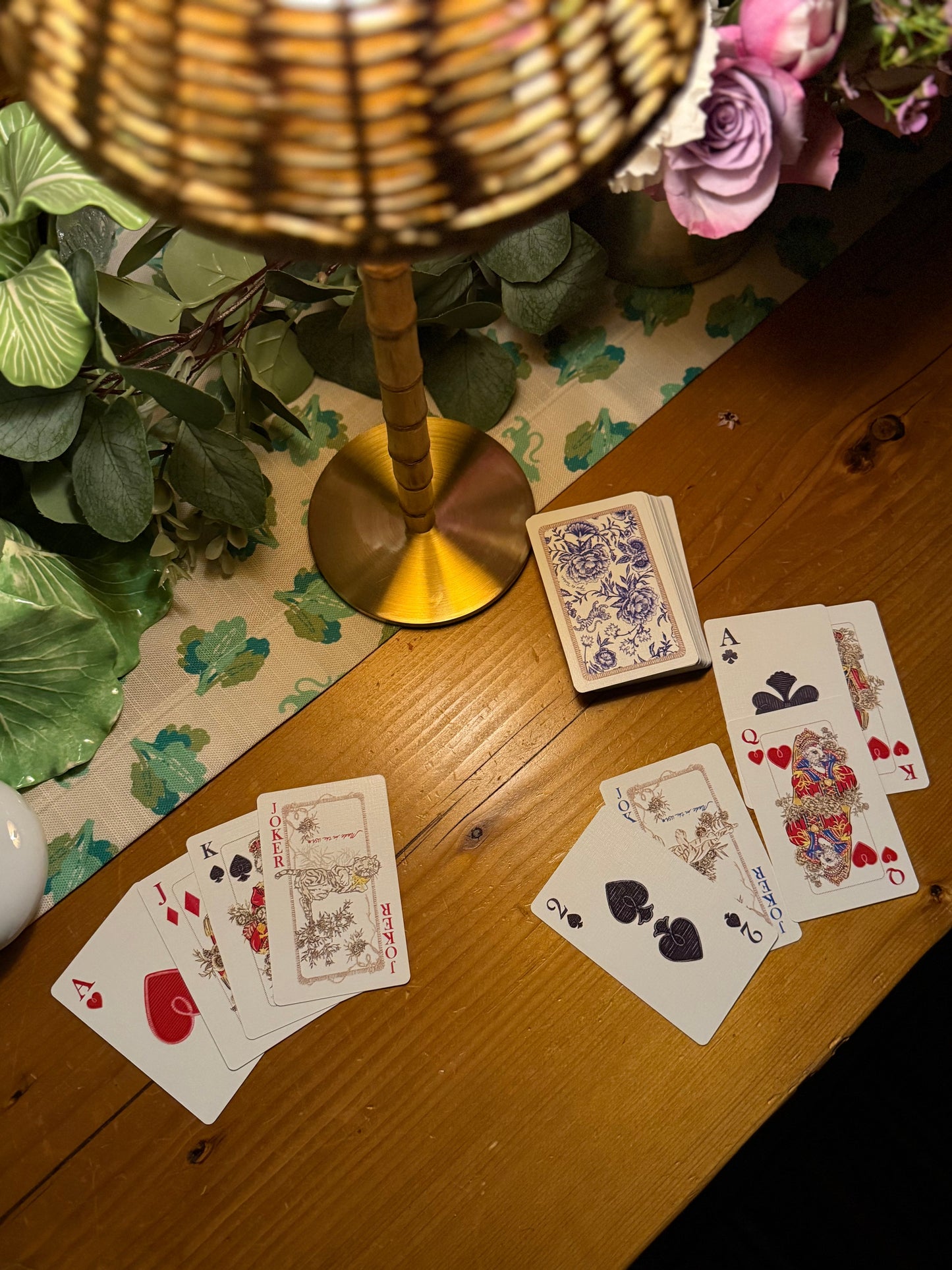 Illustrated Playing Cards with Tiger Motif and Needlepoint Accents, CHINOISERIE BLEU