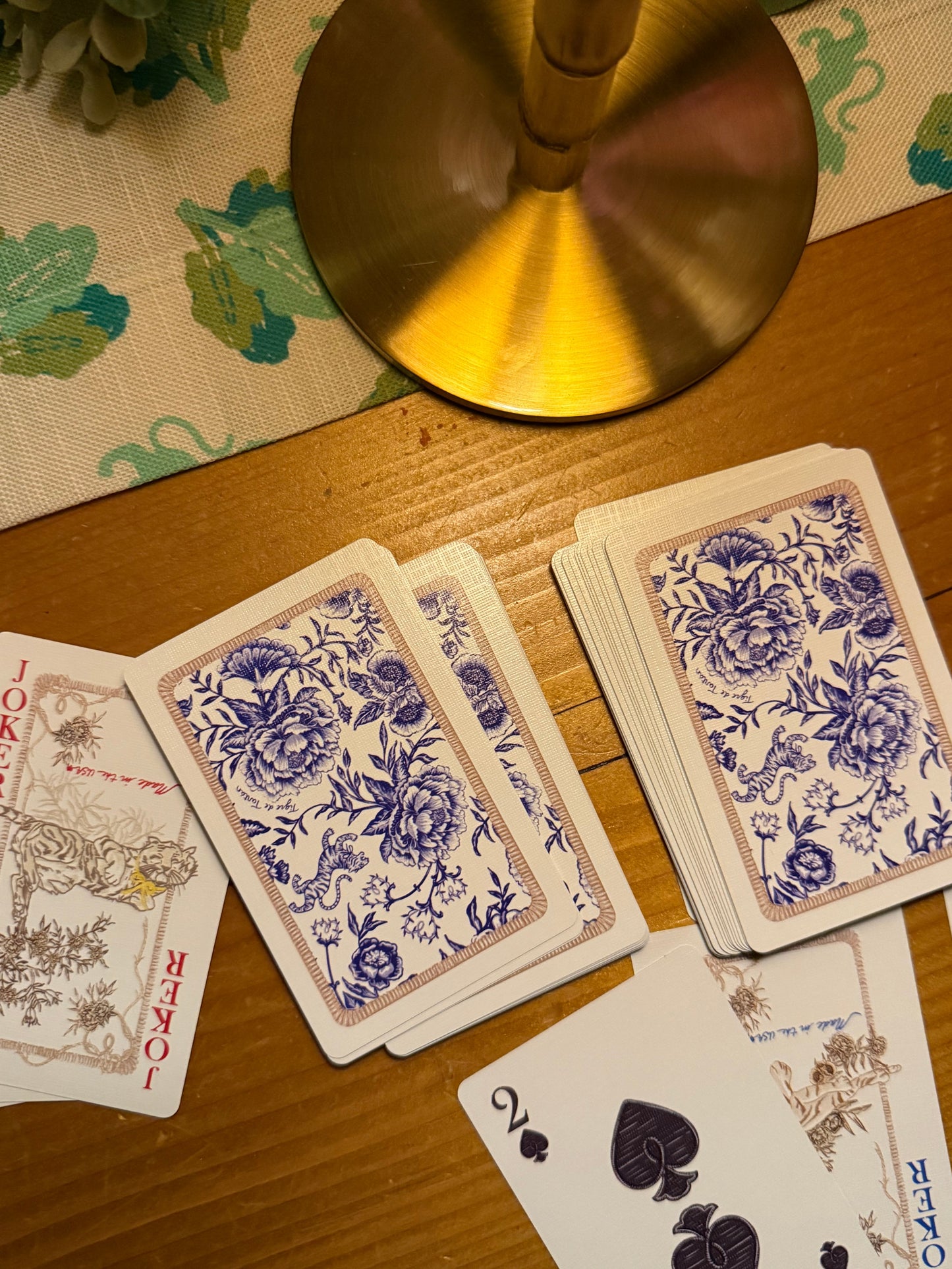 Illustrated Playing Cards with Tiger Motif and Needlepoint Accents, CHINOISERIE BLEU