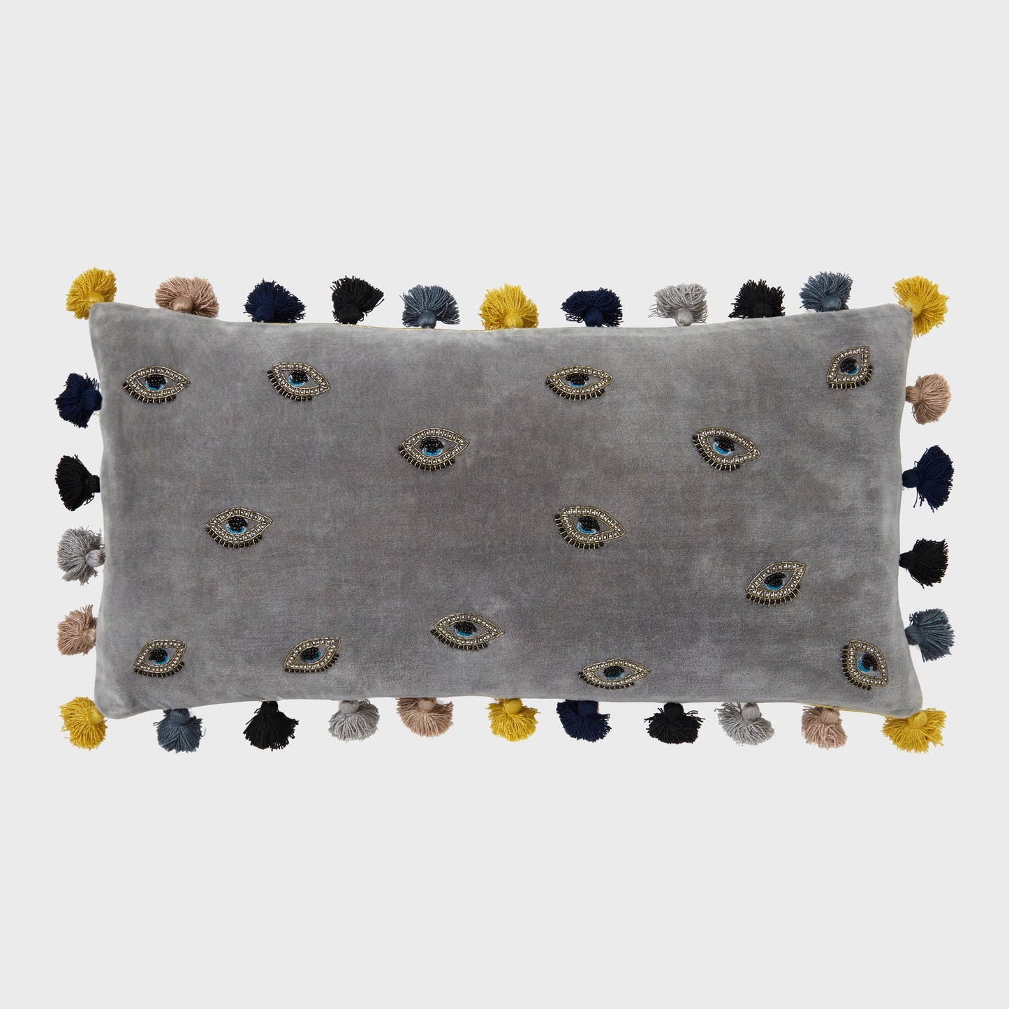 Embroidered Evil Eye Pillow - Grey Cotton Velvet