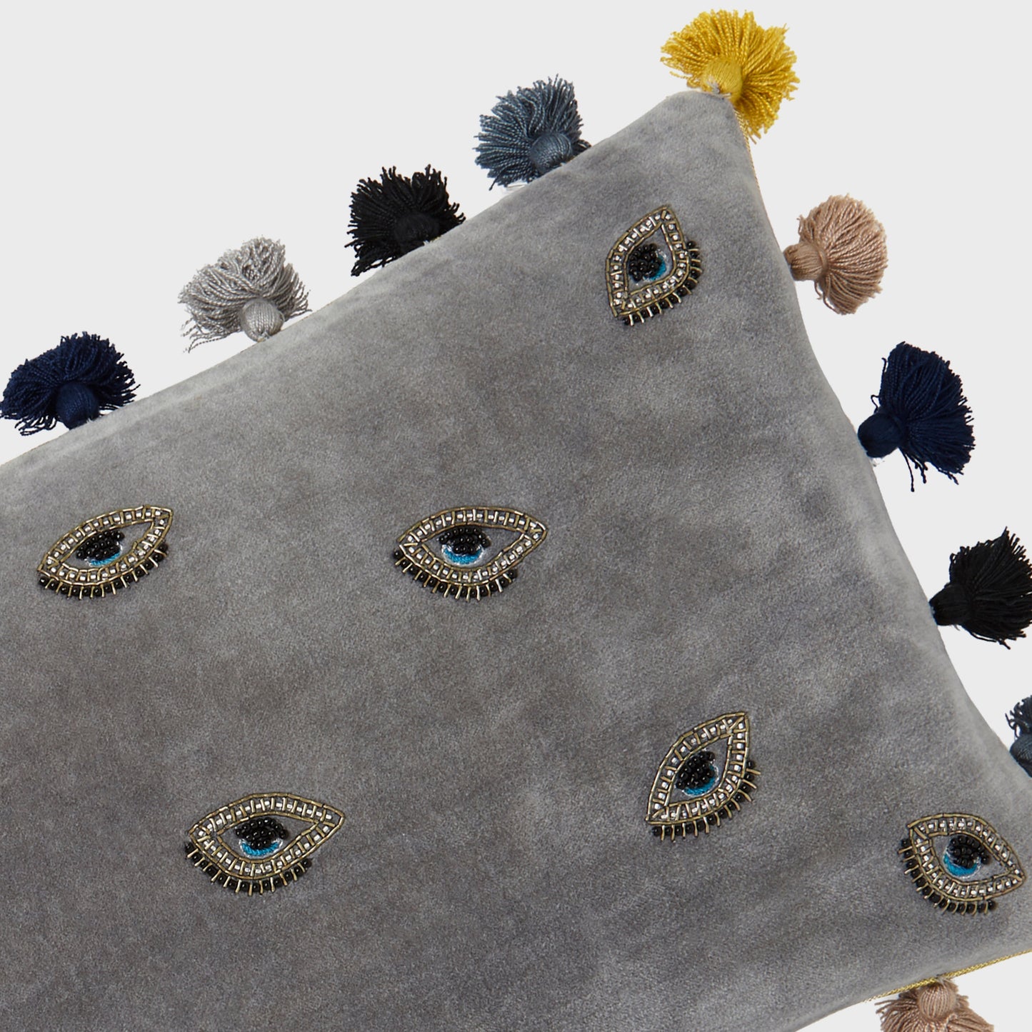 Embroidered Evil Eye Pillow - Grey Cotton Velvet