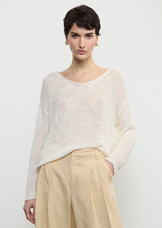 Enza Costa - Linen Open Knit Soft V-Neck - White