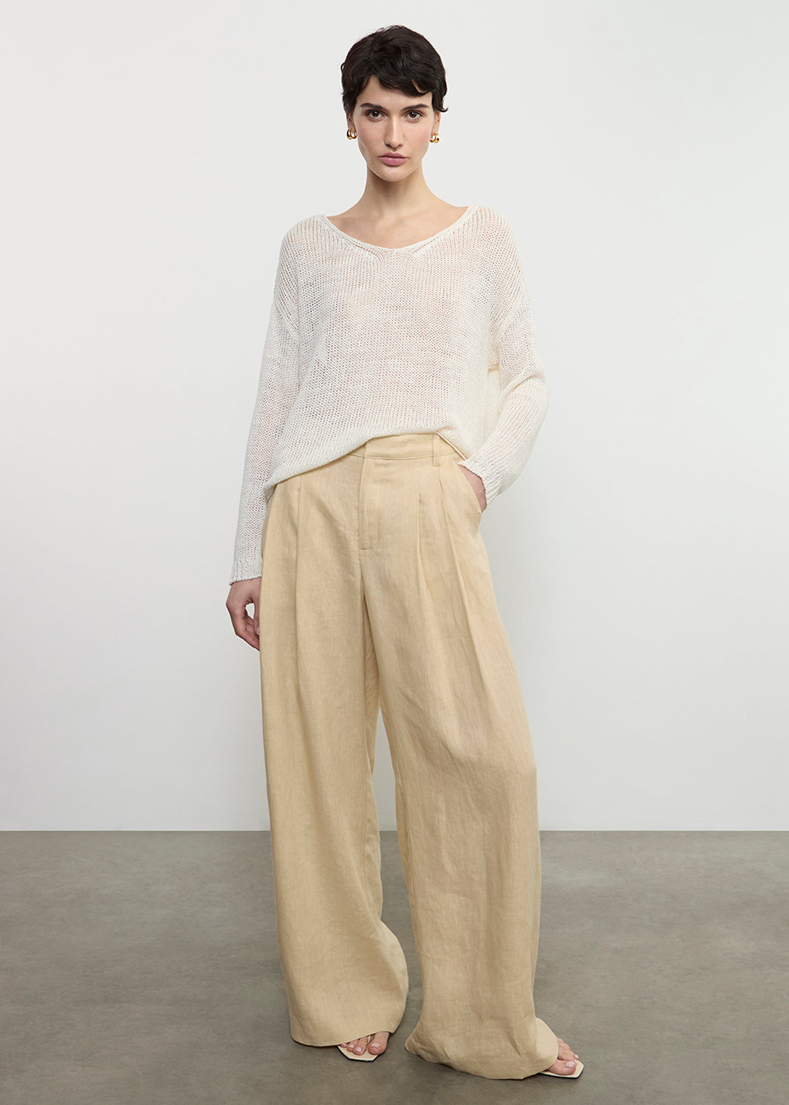 Enza Costa - Linen Open Knit Soft V-Neck - White
