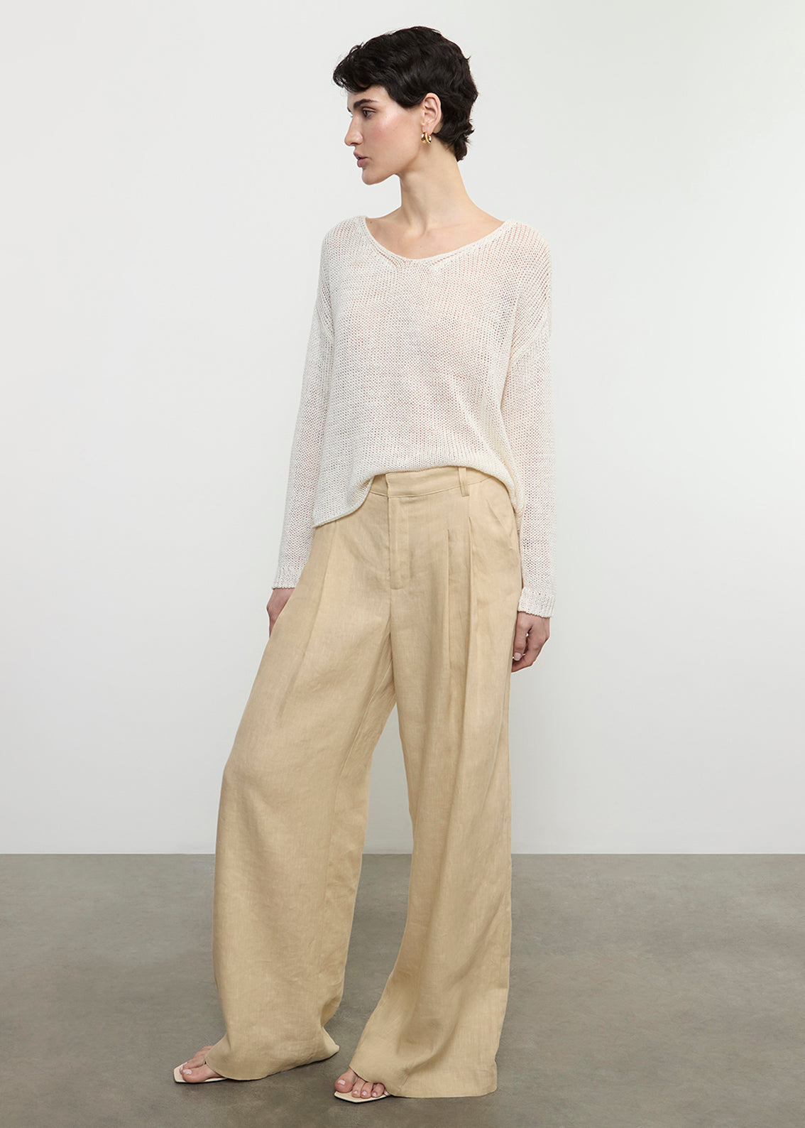 Enza Costa - Linen Open Knit Soft V-Neck - White