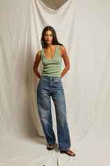 PerfectWhiteTee - Maria Structured Rib V-Neck Tank - Aloe