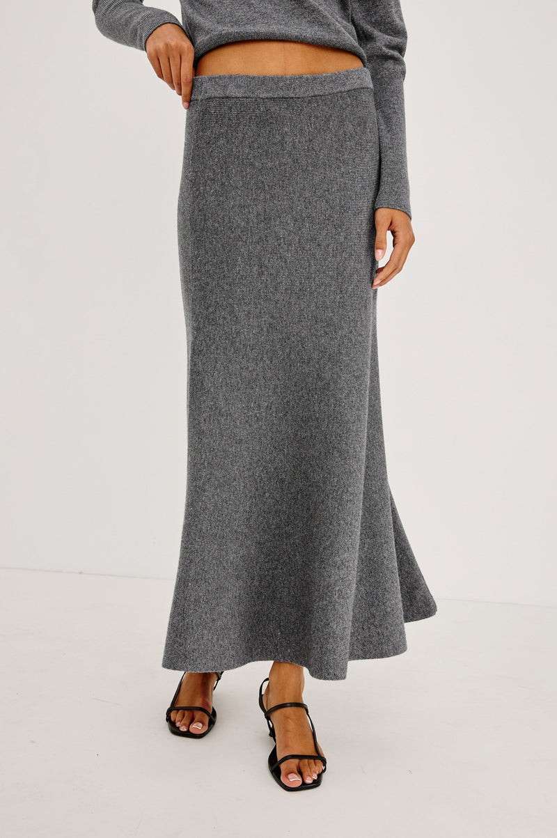 Odita Skirt in Heather Charcoal knit, front view on model