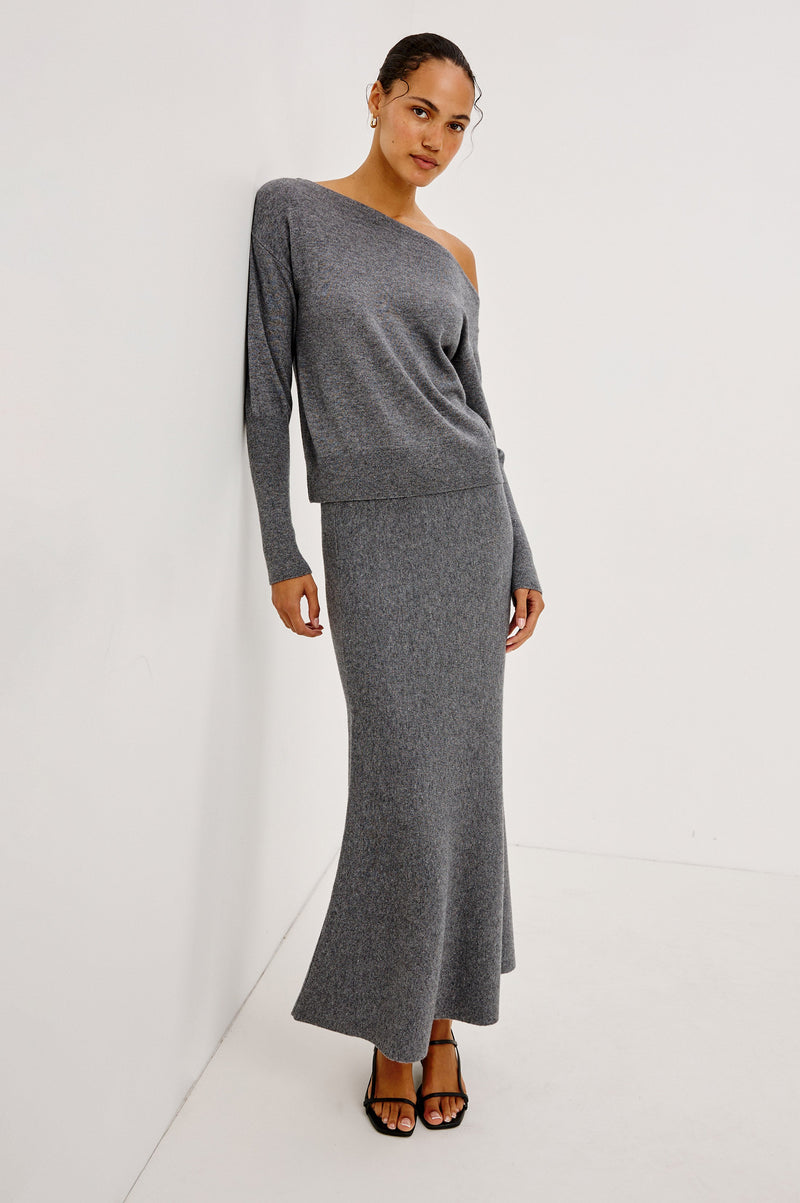 Odita Skirt in Heather Charcoal knit, full length view on model