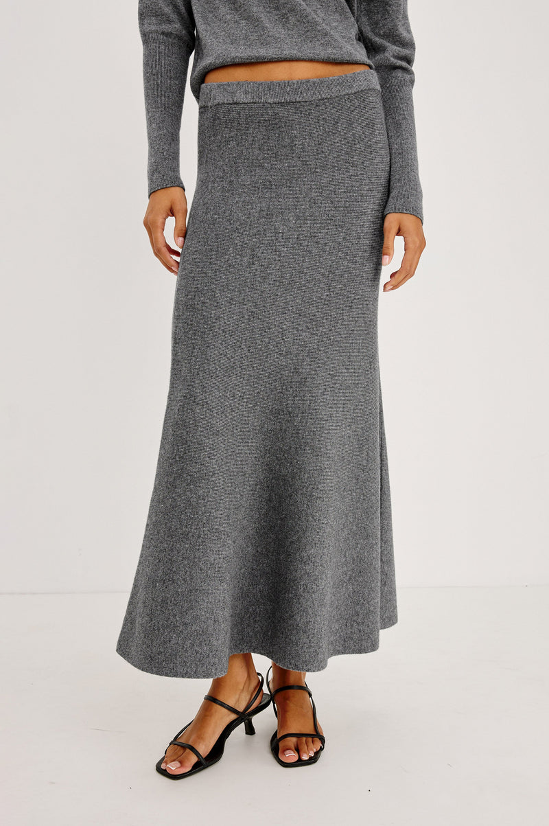 Odita Skirt in Heather Charcoal knit, front view on model