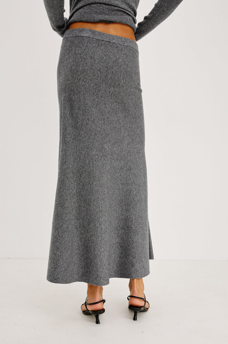 Odita Skirt in Heather Charcoal knit, back view on model