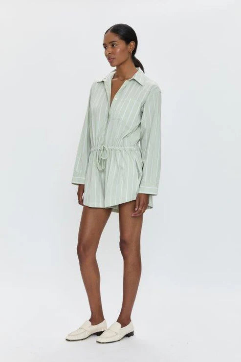 Amelie Long Sleeve Romper in Pistachio Stripe, view 2