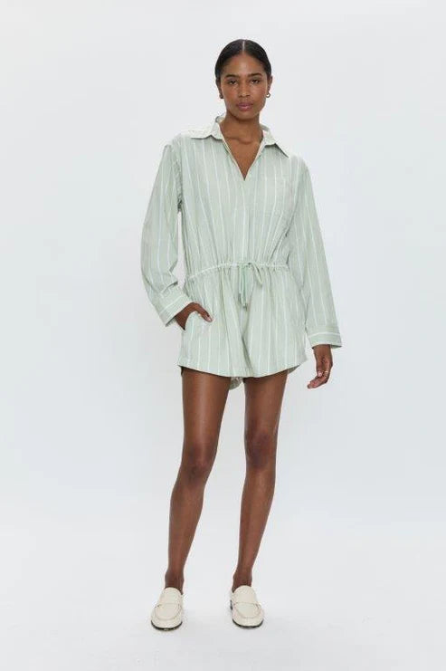 Amelie Long Sleeve Romper in Pistachio Stripe