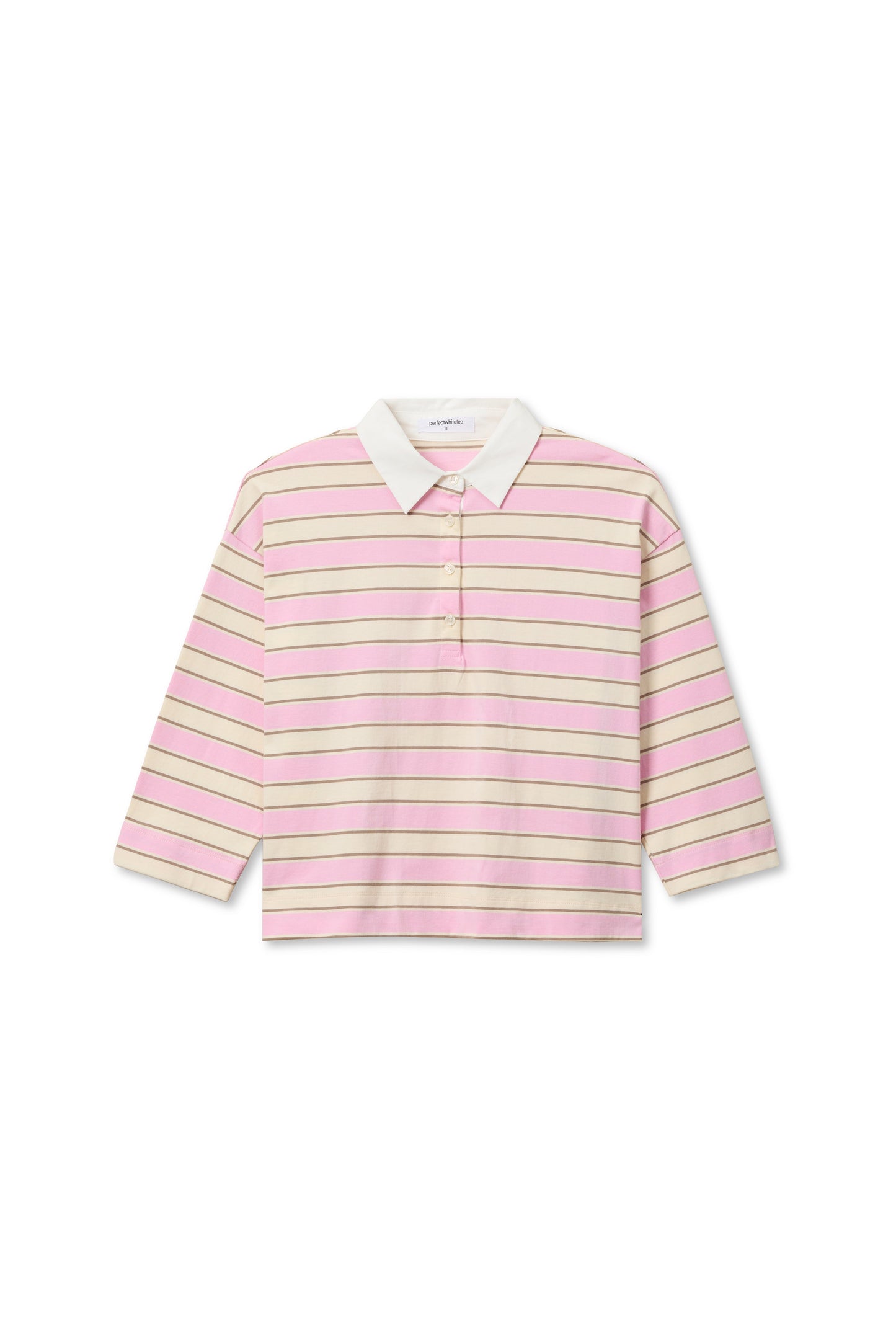 PerfectWhiteTee - Daria Cotton Collared Rugby Bracelet-Length Sleeve Shirt - Sugar Pink Mocha Stripe