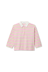 PerfectWhiteTee - Daria Cotton Collared Rugby Bracelet-Length Sleeve Shirt - Sugar Pink Mocha Stripe