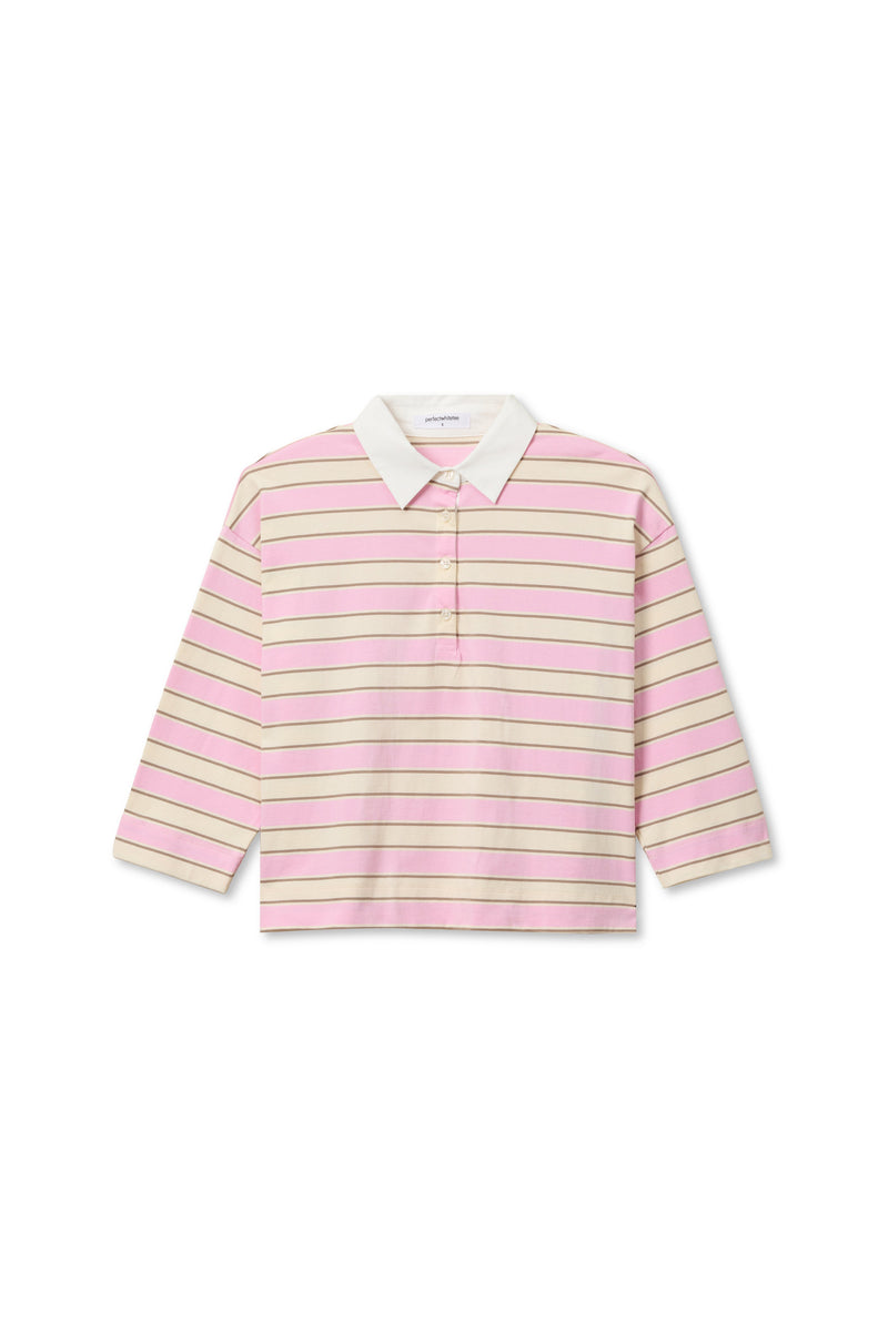 PerfectWhiteTee - Daria Cotton Collared Rugby Bracelet-Length Sleeve Shirt - Sugar Pink Mocha Stripe
