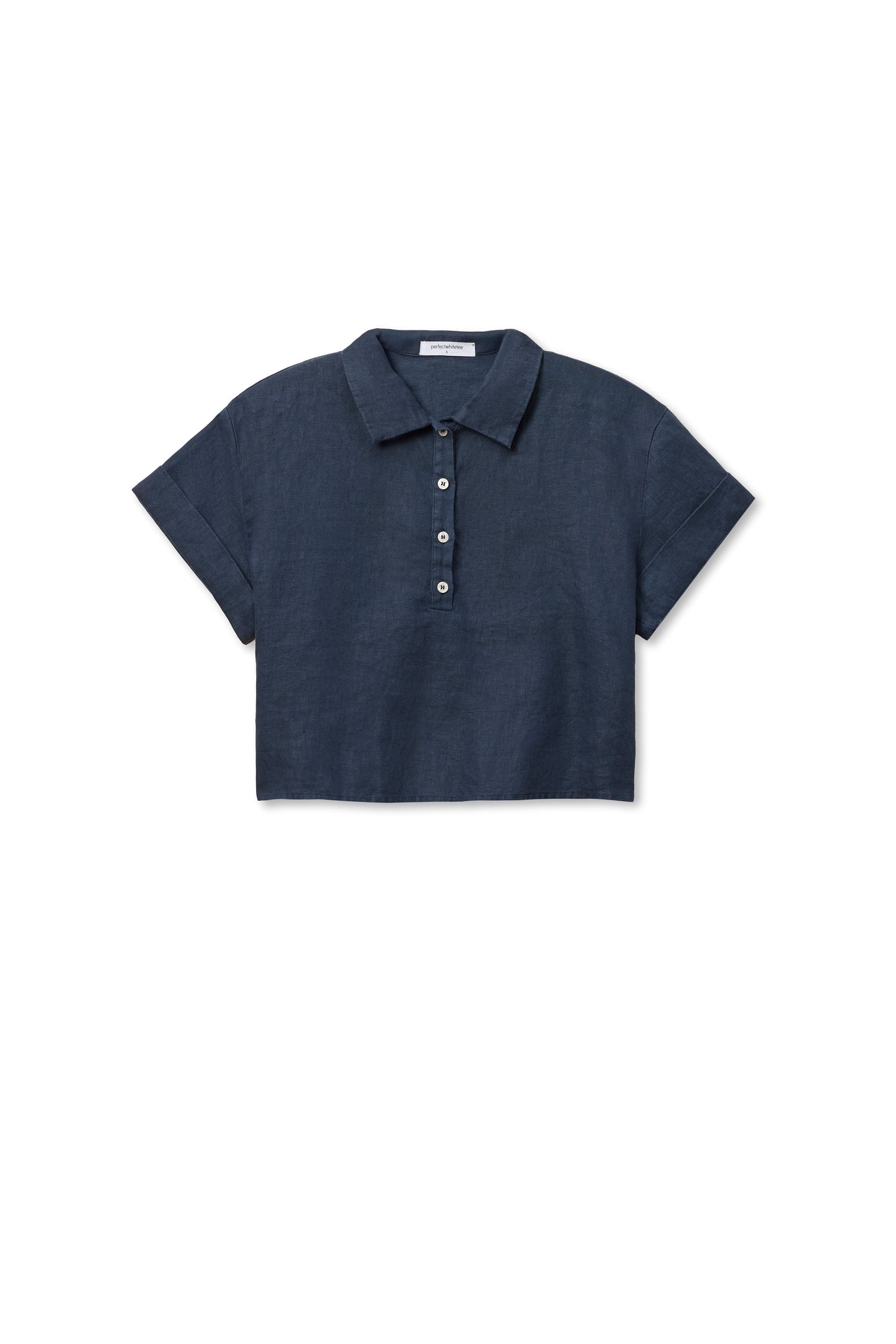 PerfectWhiteTee - Tabitha Linen Collared Cropped Polo Tee - Navy