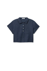 PerfectWhiteTee - Tabitha Linen Collared Cropped Polo Tee - Navy
