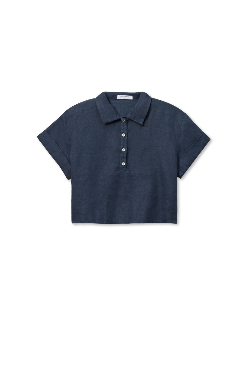 PerfectWhiteTee - Tabitha Linen Collared Cropped Polo Tee - Navy